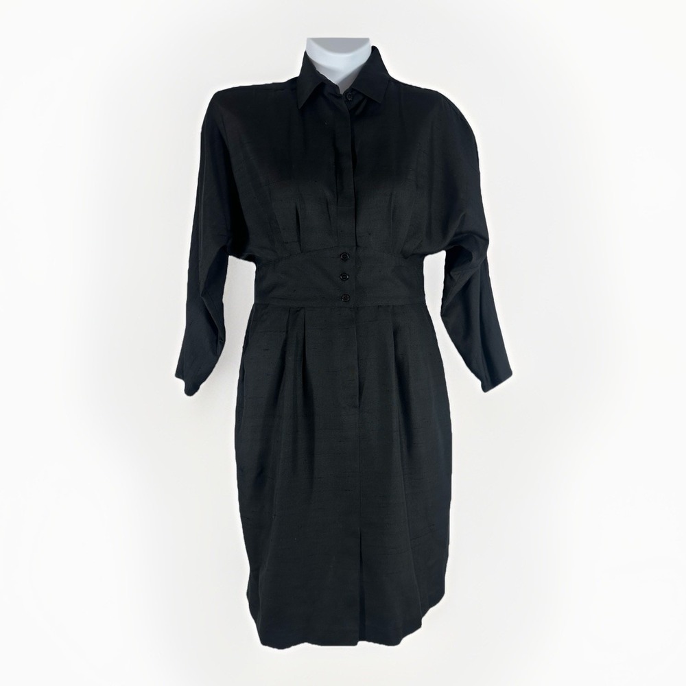 VTG 80s Sz: 14 Ann Tjian Kenar 2 Dolman Sleeve Front Button Black Silk Dress